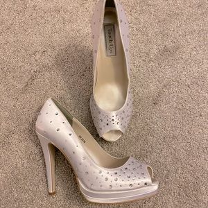 Dye-able white rhinestone peep toe heels